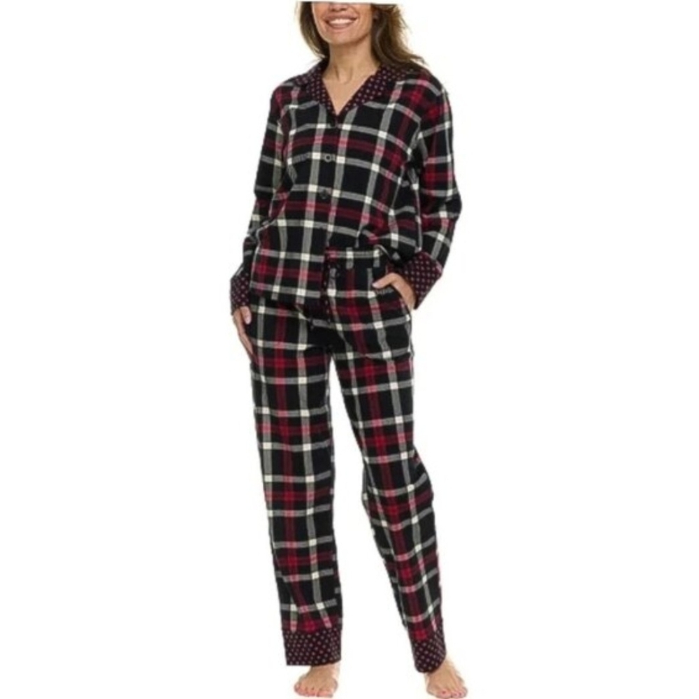 Vera Bradley‎ Long Sleeve Notch Collar & Pant Red Plaid Pajama Set 100% Cotton
